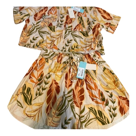 High Waist Orange and Green Tropical Leaf Shorts - Picture 1 of 7